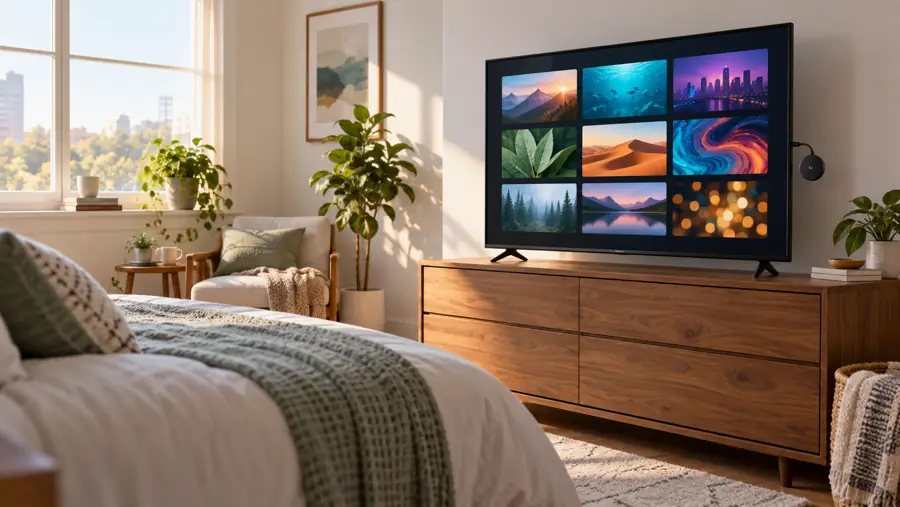 Illustrative bright bedroom with a TV showing fictional entertainment thumbnails