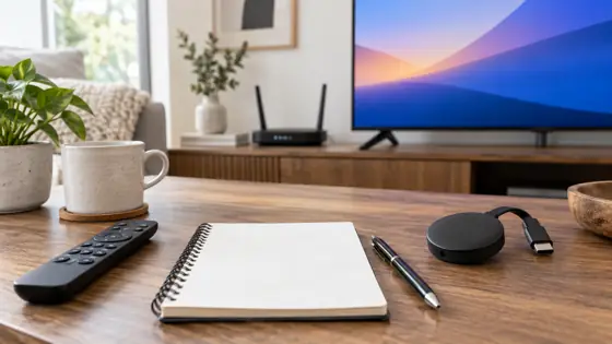 Illustrative notebook and remote for checking a streaming device purchase