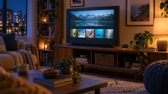 Illustrative television nook showing fictional entertainment thumbnails