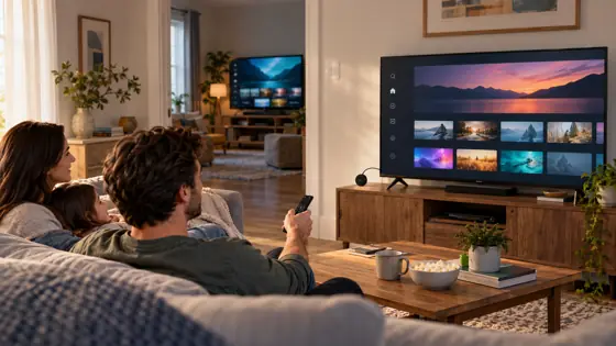 Illustrative two-room home viewing arrangement with fictional screens
