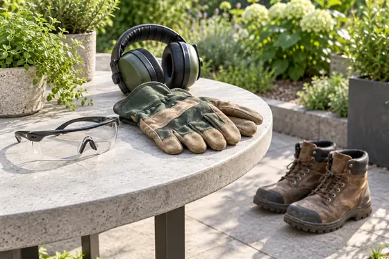 Illustrative protective glasses, gloves, hearing protection and sturdy boots prepared for garden work