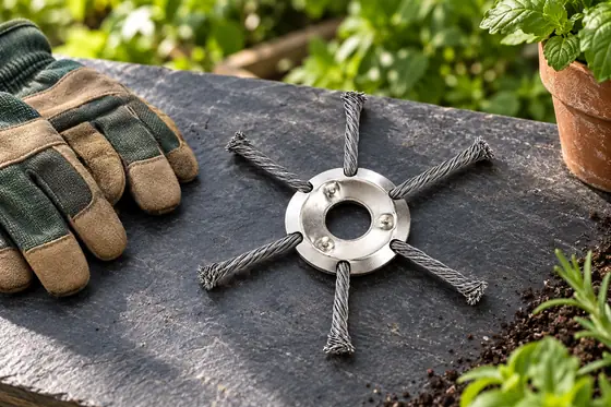 Illustrative IronCut six-wire trimmer head on a dark garden potting bench