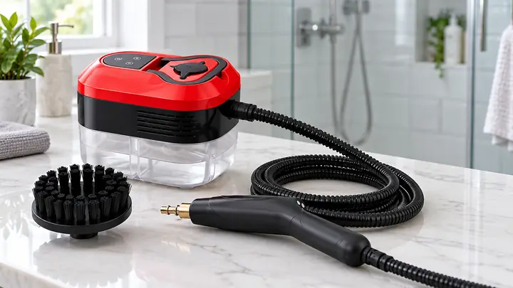 Power Blast Plus Steam Cleaner and brush on a bathroom counter near tile