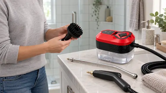 Illustrative bathroom scene showing a brush selected for the Power Blast Plus Steam Cleaner