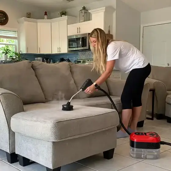 Official merchant image illustrating the steam cleaner used around upholstered furniture