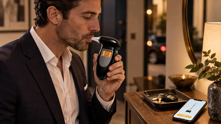 Man using a SoberBreath-style tester while arranging alternative transportation