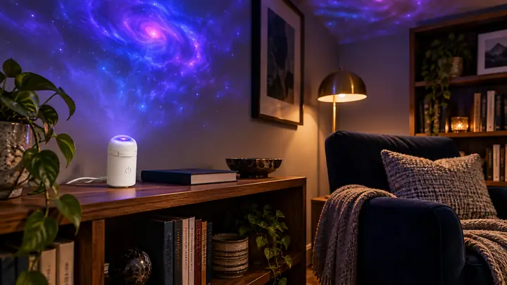 Illustrative reading nook with a compact white StarNest-style projector