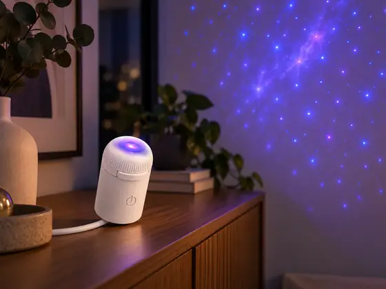 Illustrative StarNest-style projector casting a soft star pattern from a sideboard