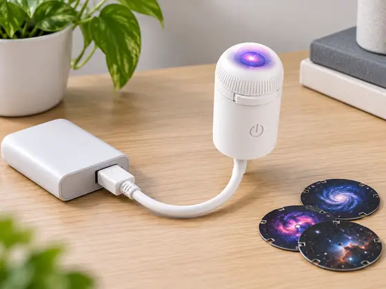 Illustrative StarNest-style projector connected to a USB power bank beside film discs