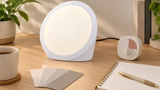Sunniva Light on a desk beside a timer and neutral brightness cards