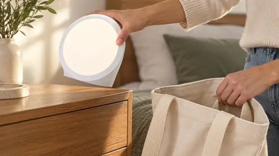 A person moving the compact Sunniva Light beside a travel tote