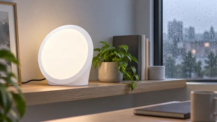 Sunniva Light illuminating a shelf beside a rainy morning window