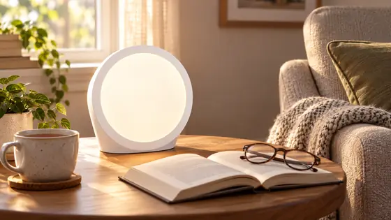 Sunniva Light glowing beside a book and tea in a reading nook