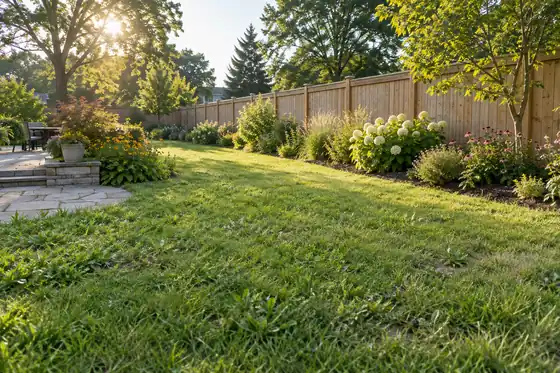 Illustrative sunny backyard with a lawn and long garden border beside a fence