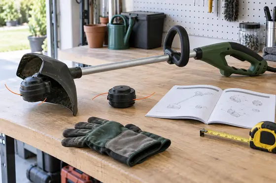 Illustrative unplugged grass trimmer, manual, measuring tape and gloves on a workbench