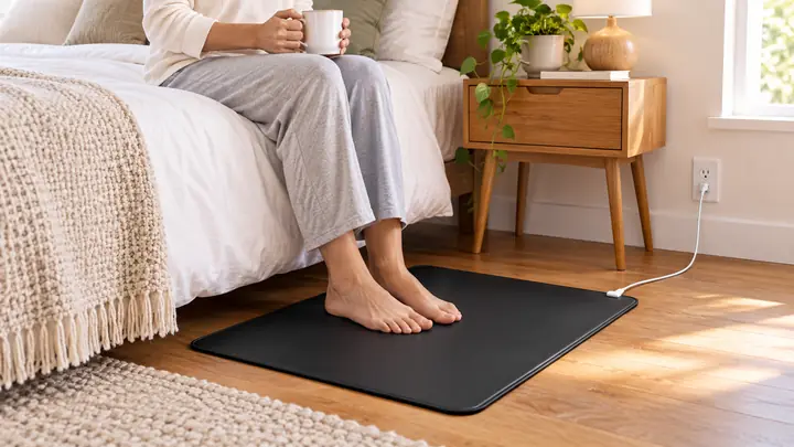 Bare feet on a Velin Grounding Mat beside a sunlit bed