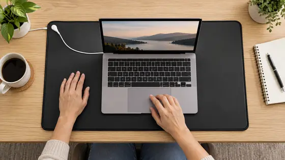 Black Velin-style grounding mat used as a desk surface beneath a laptop