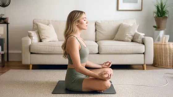 Official image of a mindful seated routine on a Velin Grounding Mat