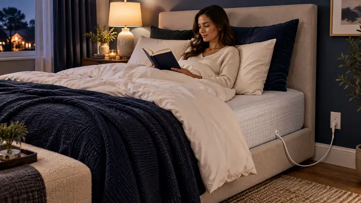 Woman reading in bed on Velin-style grounding sheets during a calm evening