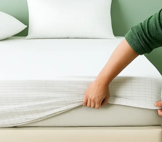 Official image showing a Velin Grounding Bed Sheet being fitted to a mattress