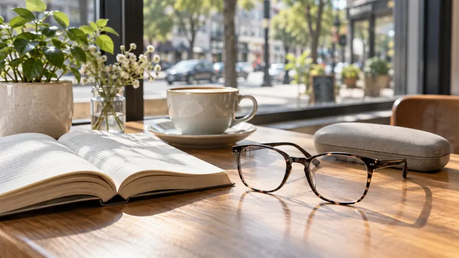 Illustrative generic glasses beside a book at a sunlit cafe
