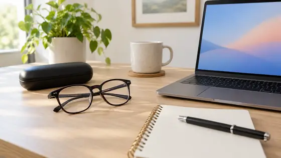 Illustrative eyeglasses, notepad, and laptop used for comparing order details