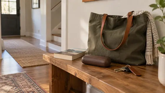 Illustrative glasses case in a bag on a hallway bench