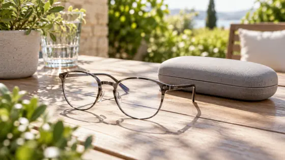 Illustrative generic glasses and case outdoors in daylight