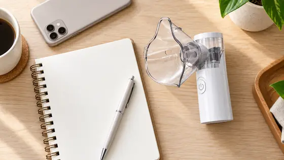 Illustrative white nebulizer and blank notebook for recording buyer questions