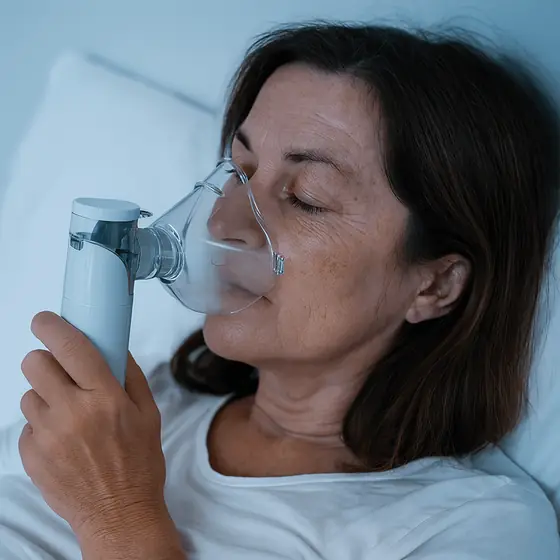 Seller marketing photograph of an adult holding a white Nebu Ease device to a mask