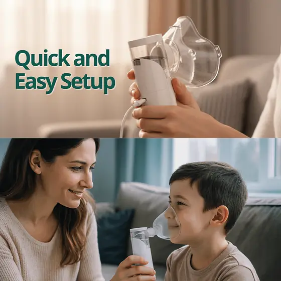 Seller marketing image showing Nebu Ease setup and a child with a mask