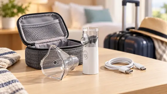 Illustrative white handheld nebulizer, mask, charging cable and pouch beside a suitcase
