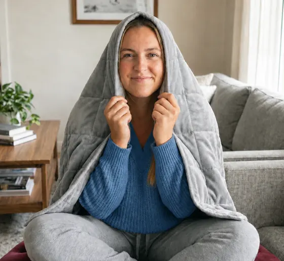 Seller photo of an adult sitting under a grey Velin weighted blanket on a sofa