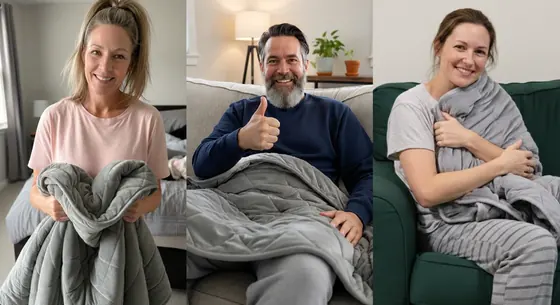 Seller image showing adults holding Velin weighted blankets in home settings