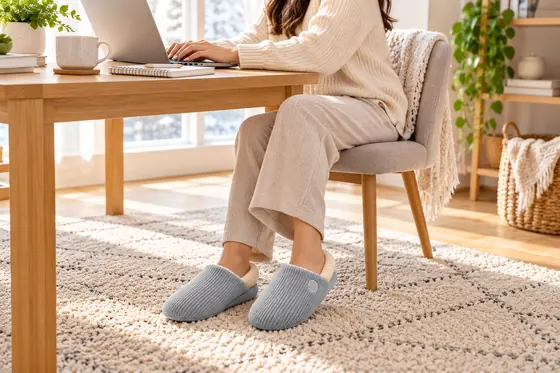 Illustrative adult wearing grey Wattoes-style slippers while seated at a home desk