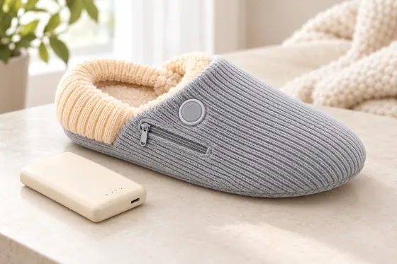 Illustrative grey heated slipper with side pocket and separate power bank