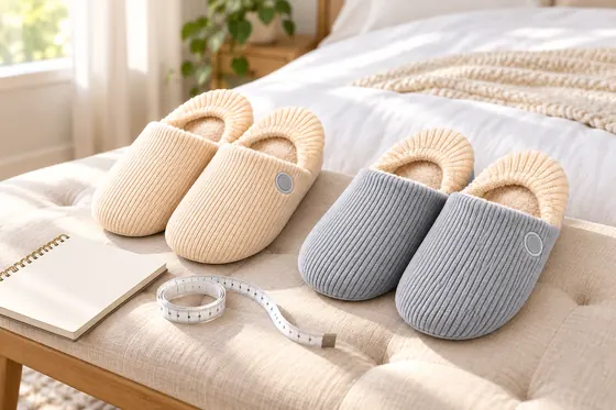 Illustrative beige and grey heated slippers with a blank notebook and measuring tape
