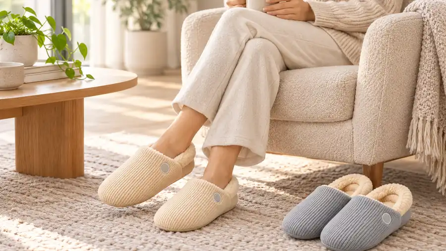 Illustrative adult wearing beige Wattoes-style slippers in a living room